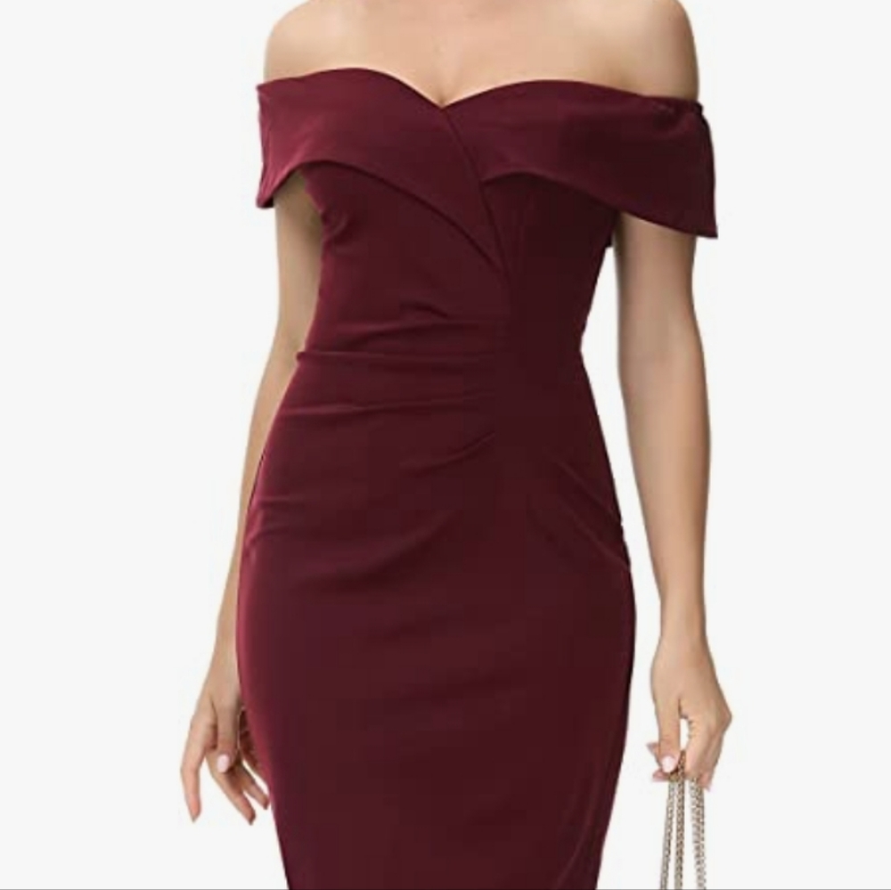 Vintage Inspired Off The Shoulder Bodycon Dress Large Wine Red - Picture 5 of 6